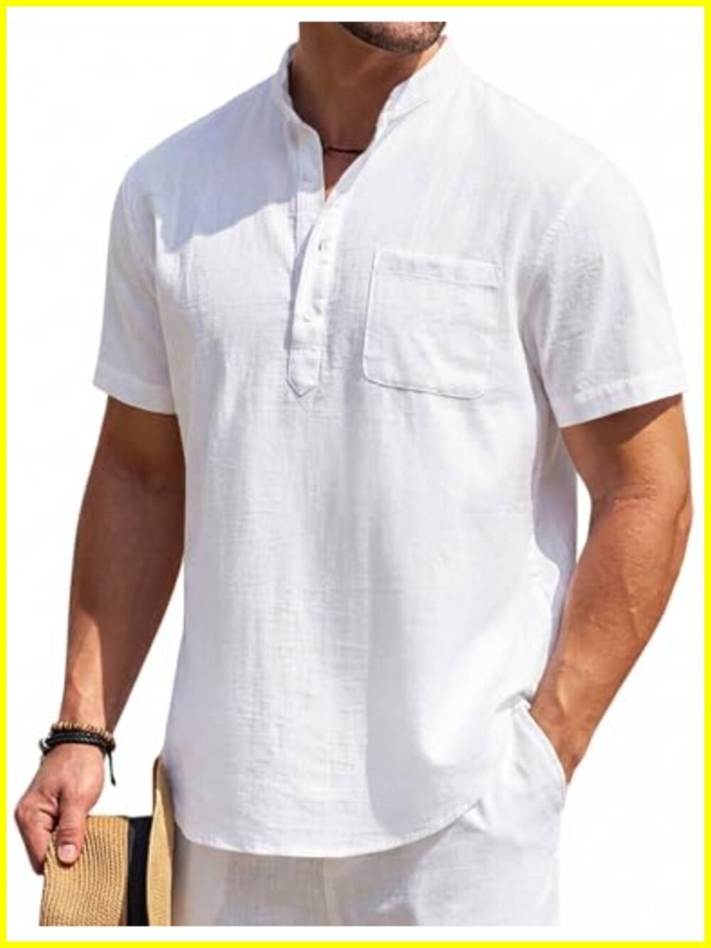 Men's Cotton Linen Henley Shirt Short Sleeve Casual Slim Fit